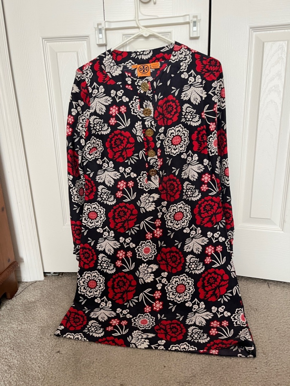 Tory Burch Black Dress with Red and Cream Floral Print